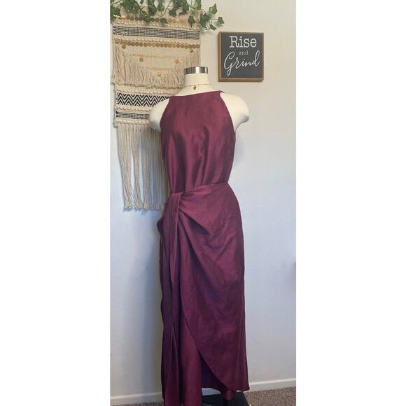 Bondi Born Bulgarian Organic Linen Burgundy Woman’s Holiday Wrap Tie Dress Large